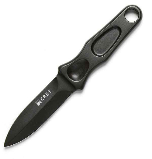 CRKT AG Russell Sting (CR2020) 3.32" 1055 Carbon Steel Black Powder Coated Spear Point Plain Blade, Black 1055 Carbon Steel Handle, Black Glass Reinforced Nylon Sheath with Plastic Insert
