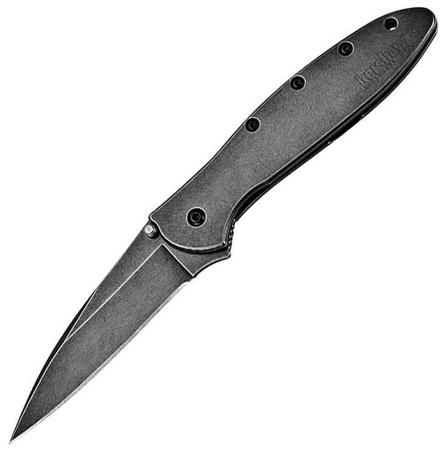 Kershaw Leek Assisted Opening Knife (1660BLKW)- 3.00" Blackwashed 14C28N Drop Point Blade, Blackwashed Stainless Steel Handle
