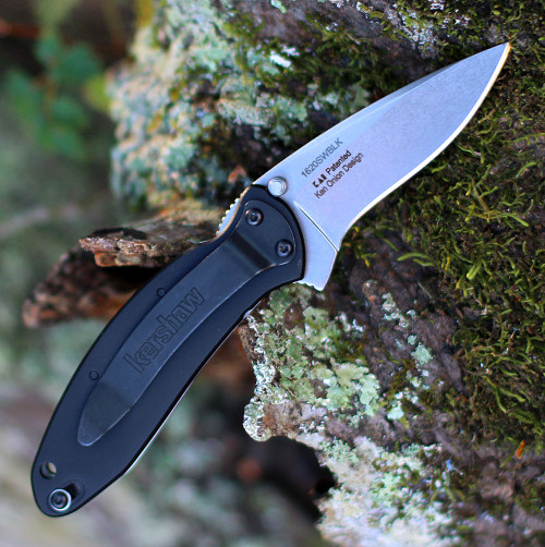 Kershaw Scallion Assisted Opening Knife (1620SWBLK)- 2.40" Stonewashed 420HC Drop Point Blade, Black Aluminum Handle