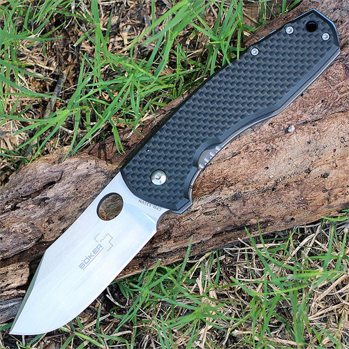 Boker Plus Vox F3 01BO335 profile view showing 3.25 inch CPM-S35VN satin clip point blade and carbon fiber handle with blue titanium accents.