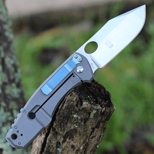 Boker Plus Vox F3 II 01BO341 profile view showing 3 inch CPM-S35VN satin clip point blade and carbon fiber handle with blue titanium hardware.