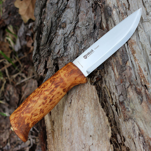 Helle Gaupe 4.21 in. fixed blade knife curly birch handle upright view Norway
