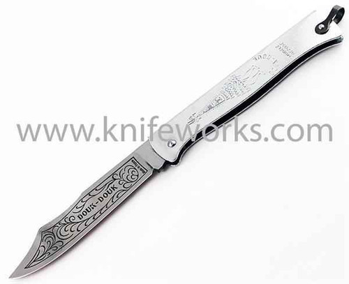 Douk-Douk Folder Silver, 3 5/16" Carbon Steel Blade w/ Douk-Douk Scroll Etching.