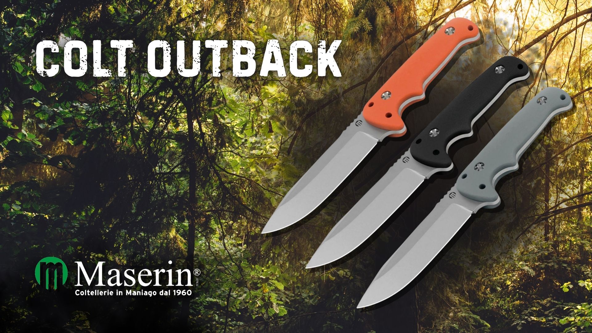 Colt Outback fixed blade knives by Maserin in a forest setting