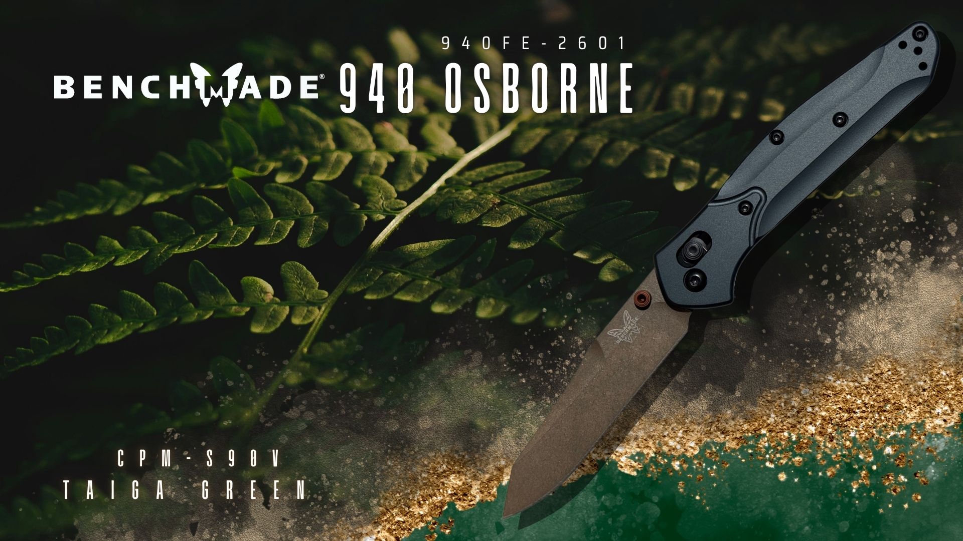 Benchmade 940 Osborne 940FE-2601 folding knife with Taiga Green handle and CPM-S90V blade