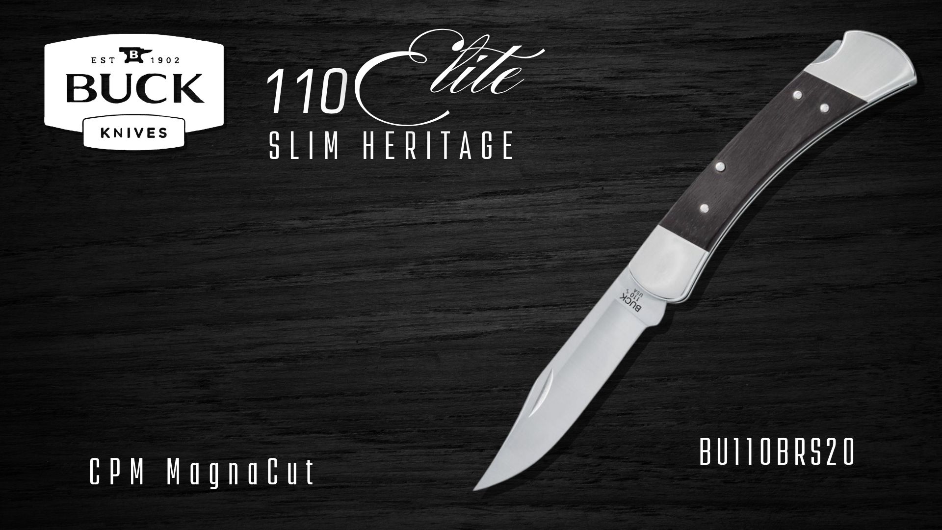 Buck 110 Elite Slim Heritage BU110BRS20 folding knife with wood handle and CPM MagnaCut blade