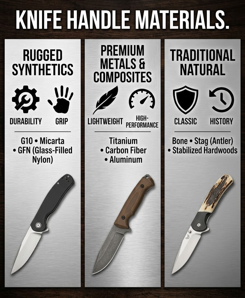 G10 handle knife, Micarta handle knife, titanium handle knife, bone handle knife, wood handle knife, carbon fiber knife handle, GFN handle, rubber handle knife, handle material knife, knife handle types