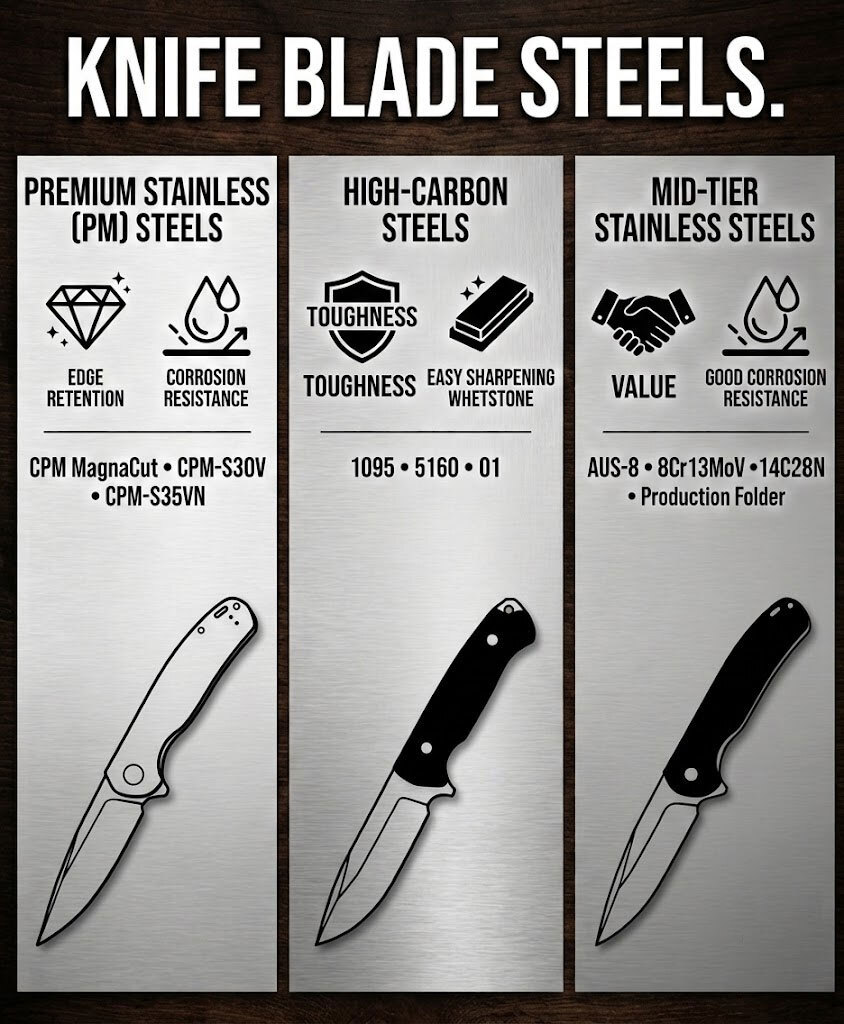 blade steel guide, knife steel types, CPM MagnaCut knives, CPM-S35VN knife, Bohler M390 knife, best knife steel, stainless steel knife, high carbon steel knife, D2 tool steel knife, MagnaMax steel knife