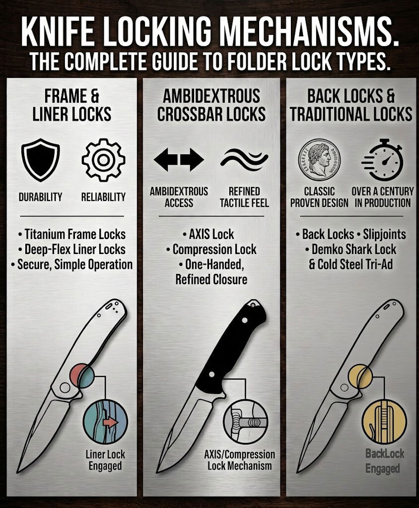 knife lock mechanism, folder lock types, frame lock knife, liner lock knife, AXIS Lock, Reeve Integral Lock, compression lock, lockback, back lock, ball bearing lock, button lock knife, slipjoint knife, best folder lock, strongest knife lock