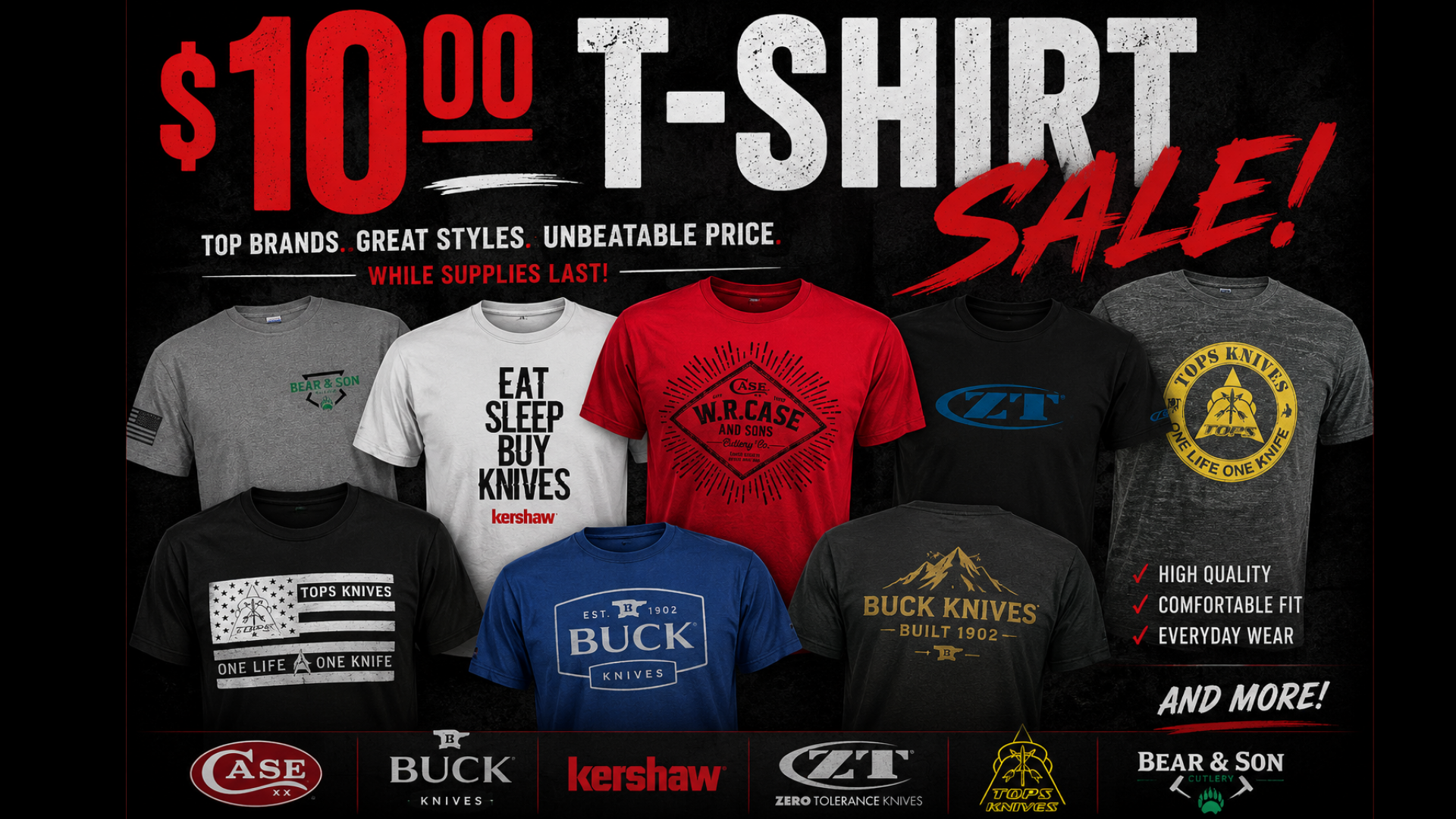 TOPS, Case, Zero Tolerance, Esee, Buck and More Brand T-Shirts and Hoodies on Sale — $10 Tees and $20 Hoodies While Supplies Last