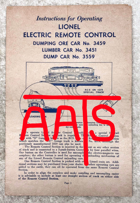 3451, 3459 & 3559 Operating Car: Instructions Only (8+)
