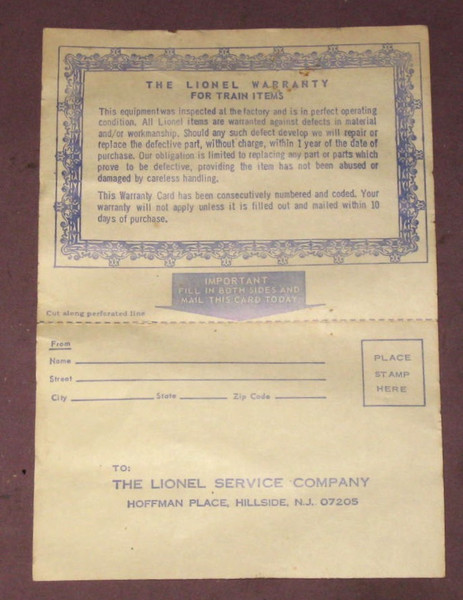 1965 / 1966 Lionel Warranty Card: T620887 (7)