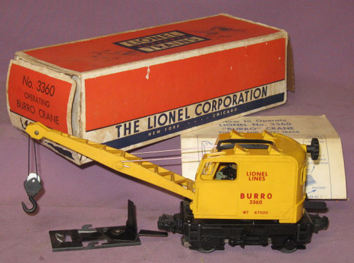 Lot - Lionel postwar 3360 operating Burro crane with unstrung hook and  broken boom.