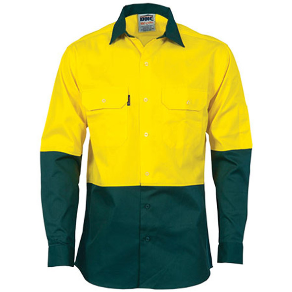 3840 - Hi Vis 2 Tone Cool-Breeze L/S Cotton Shirt - Yellow-Bottle