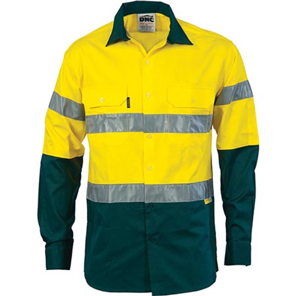 3886 - HiVis Cool-Breeze L/S Cotton Shirt with 3M 8910 R/Tape - Yellow/Bottle Green