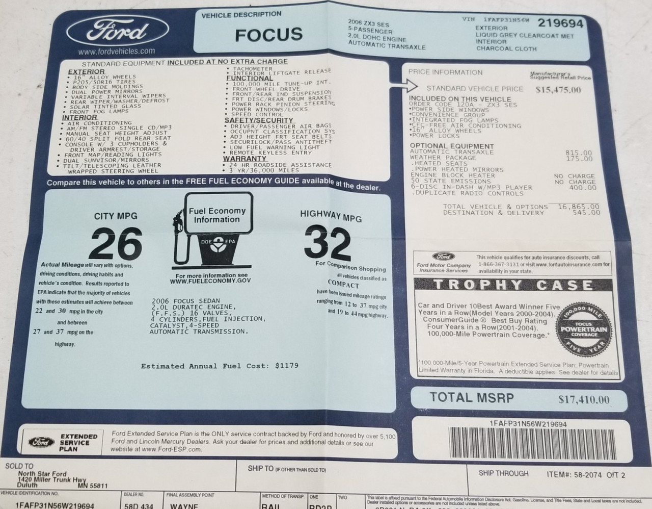 2006 Ford Focus ZX3 Original Dealer Window Sticker