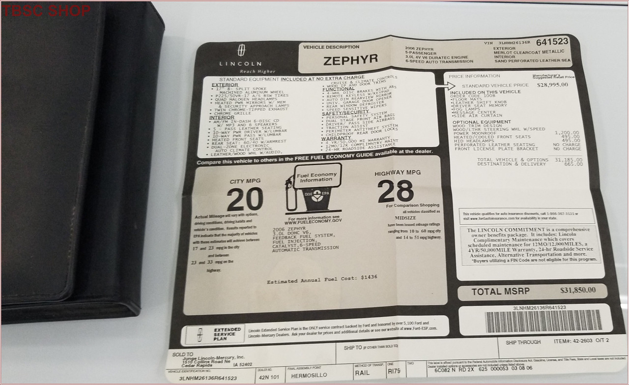2006 Lincoln Zephyr Owners Manual Collection with Dealer Window