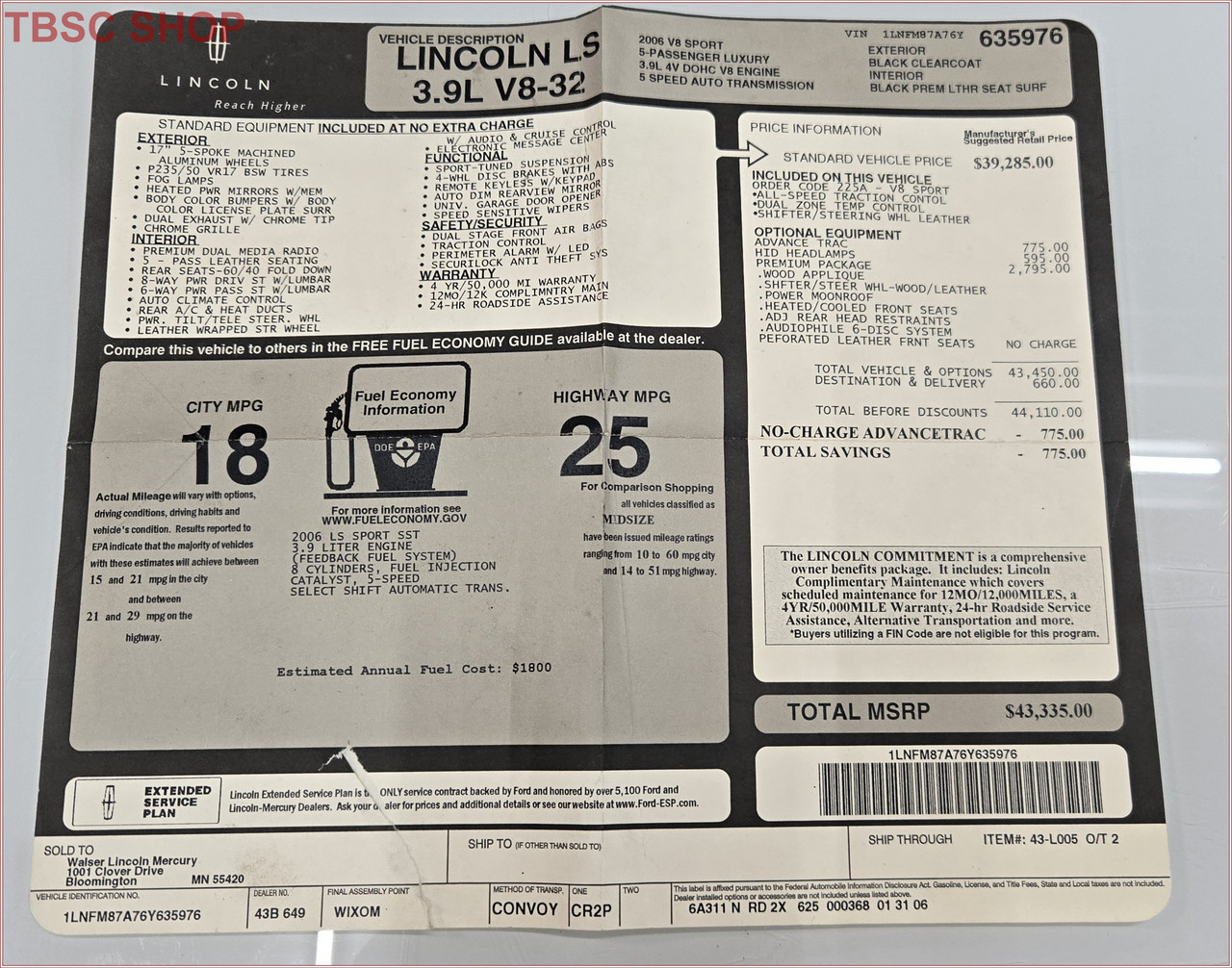 2006 LINCOLN LS V8 3.9L Original Dealer Window Sticker
