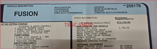 2010 Ford Fusion Original Dealer Window Sticker Ford OEM 259176
