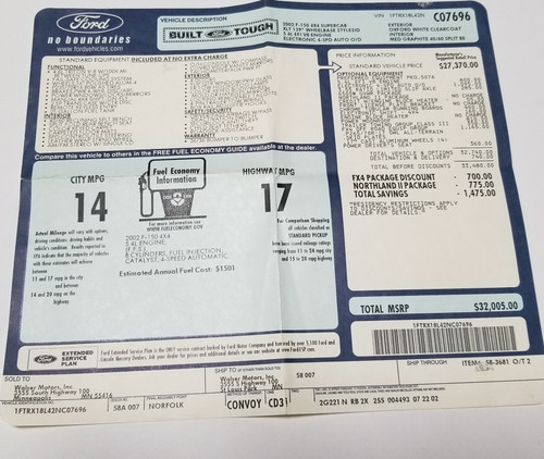 2002 Ford F150 4x4 Super CAB Original Dealer Window Sticker