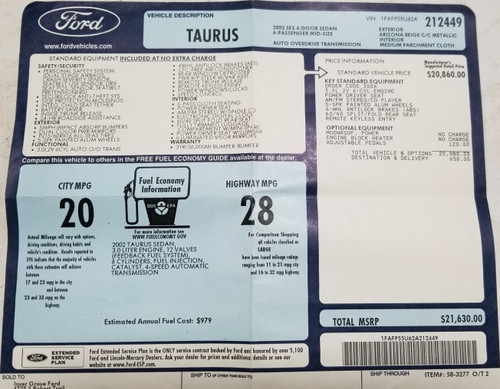 2002 Ford Taurus SES Original Dealer Window Sticker