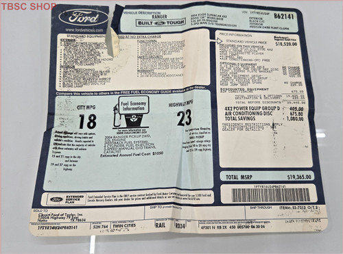 2004 Ford Ranger Sport Supercab 4x2 Original Dealer Window Sticker B62141