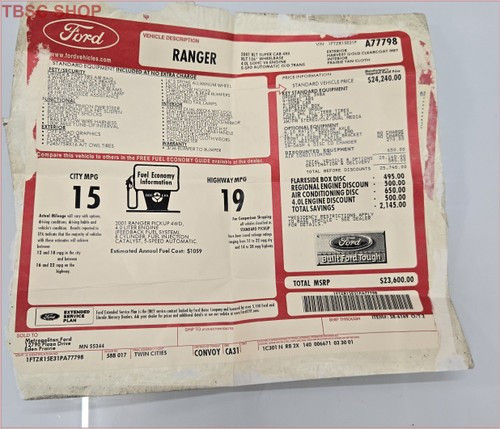 2001 Ford Ranger 4X4 4.0L 5 Spd Original Dealer Window Sticker A77798