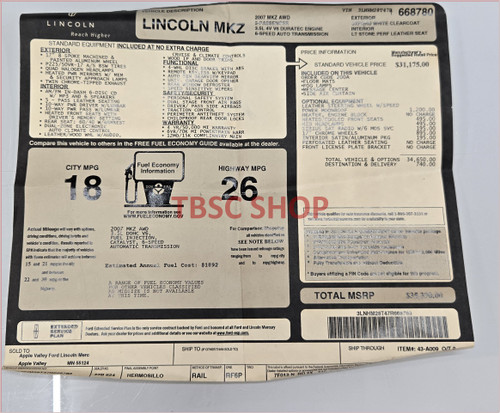2007 LINCOLN MKZ Dealer Sticker