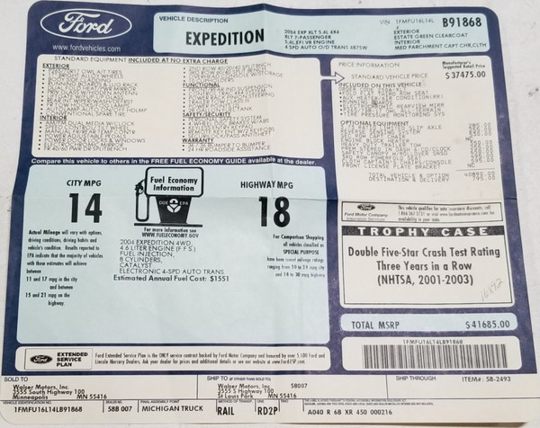 2004 Ford Expedition Original Dealer Window Sticker V8 5.4L