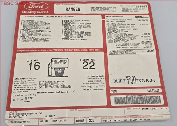 1997 Ford Ranger Original Dealer Window Sticker  B58963