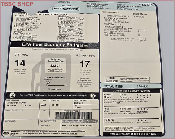 2008 Ford Ranger Sport Supercab 4x4 Original Dealer Window Sticker  B58963