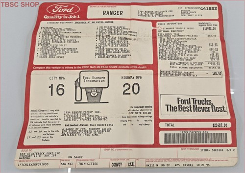 1994 Ford Ranger 4X4 4.0L Original Dealer Window Sticker  C41853