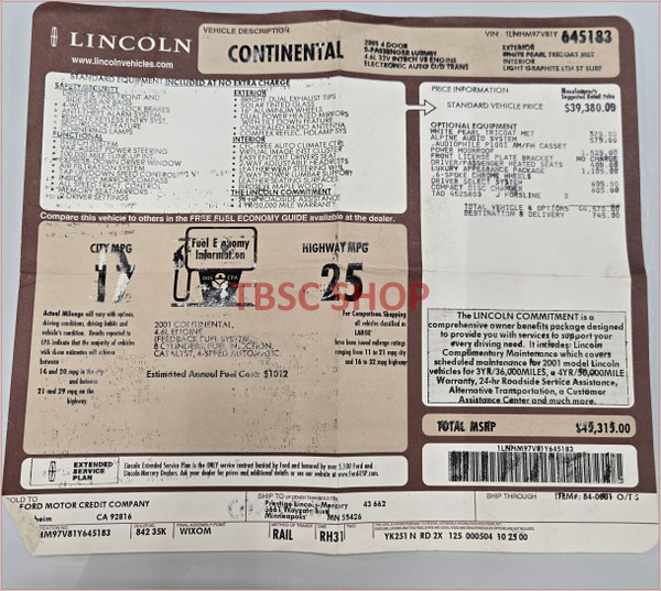 2002 LINCOLN CONTINENTAL Dealer Sticker