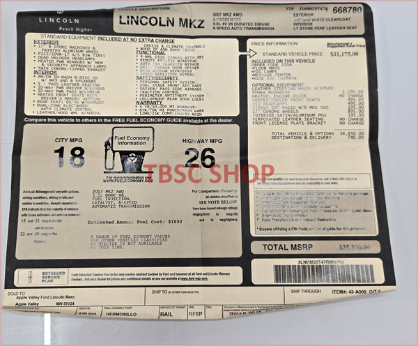 2007 LINCOLN MKZ Dealer Sticker