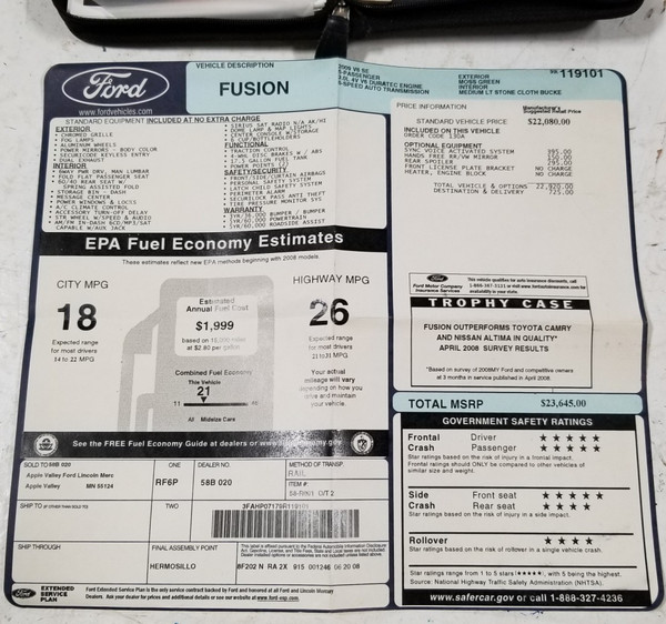 2009 Ford Fusion V6 SE Original Dealer Window Sticker