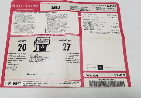2001 Mercury Sable Original Dealer Window Sticker