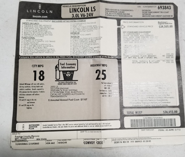 2002 LINCOLN LS V6 3.0L Original Dealer Window Sticker