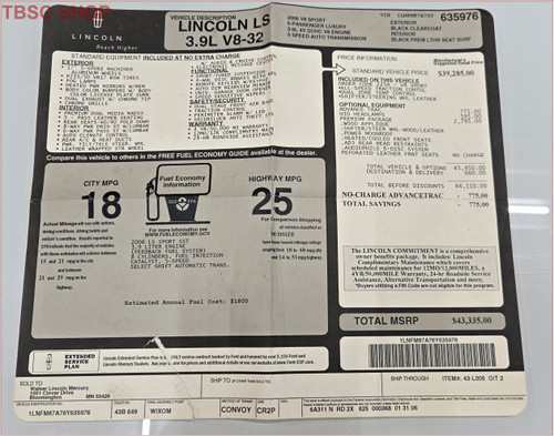 2006 LINCOLN LS V8 3.9L Original Dealer Window Sticker