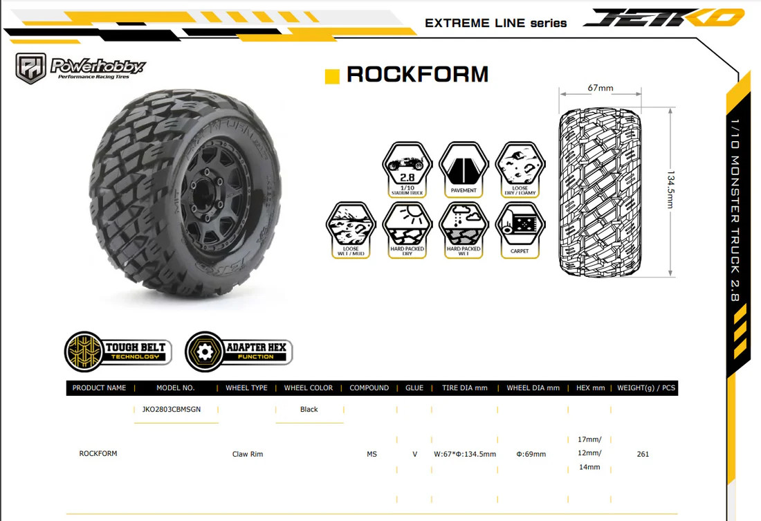 Power Hobby 1/10 2.8 Mt Rockform Belted Tires (2) W/Removable Hex Wheels PHB2803CBMSGN   