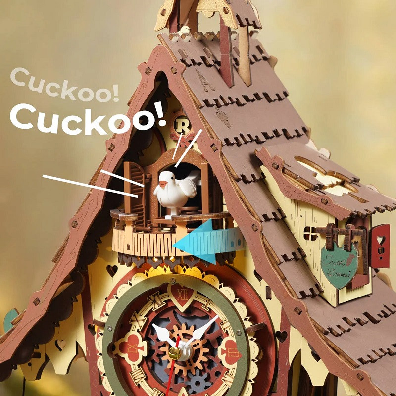 Robotime - Cuckoo Clock, Stained Wood, Mechanical 3D Wooden Puzzle