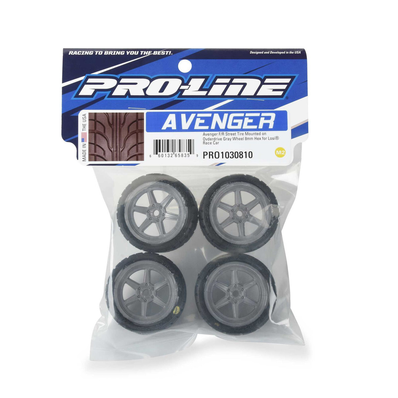PRO1030810 Avenger F/R Street Tire Mounted on Overdrive Gray Wheel 8mm Hex (4) for Losi Race Car