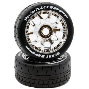 PHBPHT2401-SCR Power Hobby - 1/8 GT Beast Belted Mounted Tires, Soft Compound, 17mm Chrome Wheels