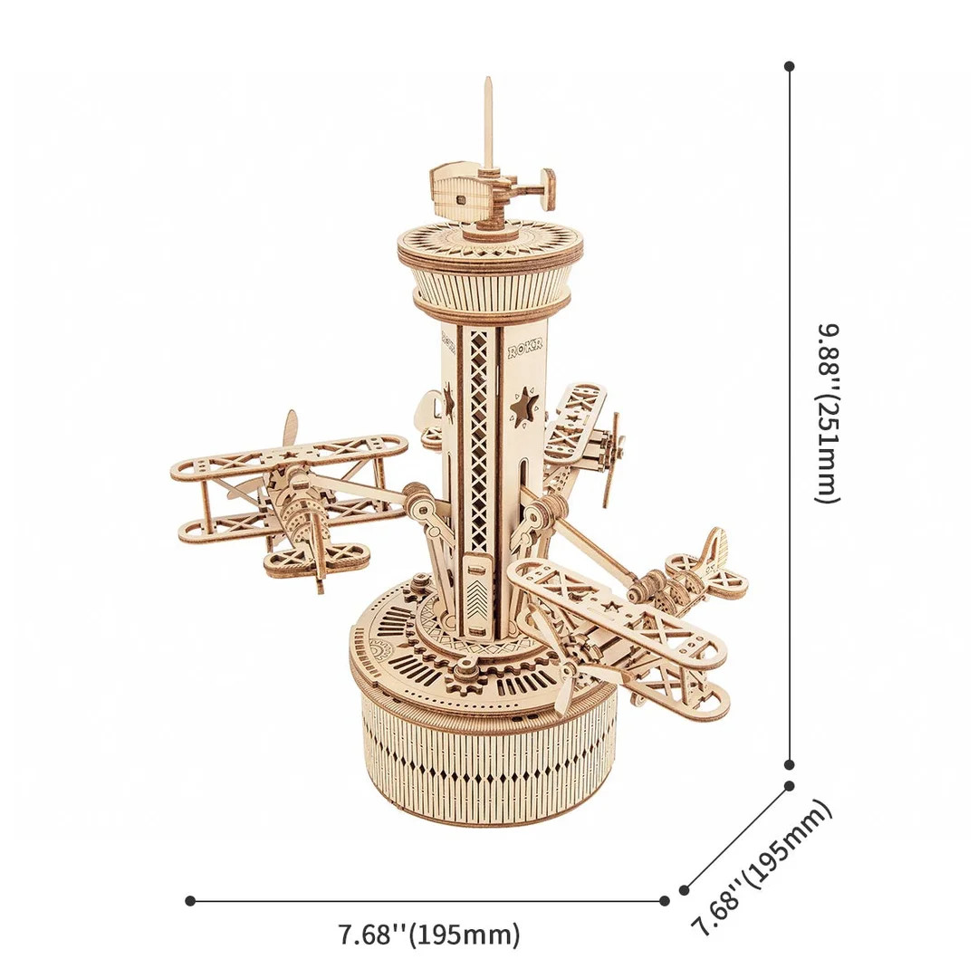 ROKR 3D Wooden Puzzle for Adults Airplane Tower Music Box - DIY Mechanical Model Building Kit amk41
