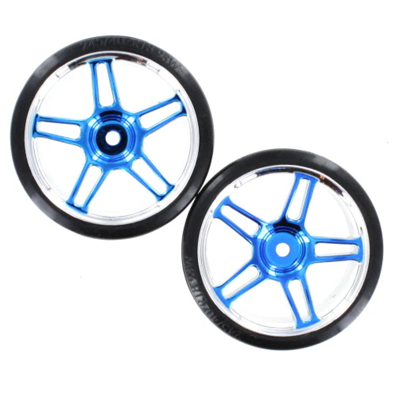  07003b   Chrome & blue 5 split spoke wheels w/ drift tires (2pcs)(plastic) 