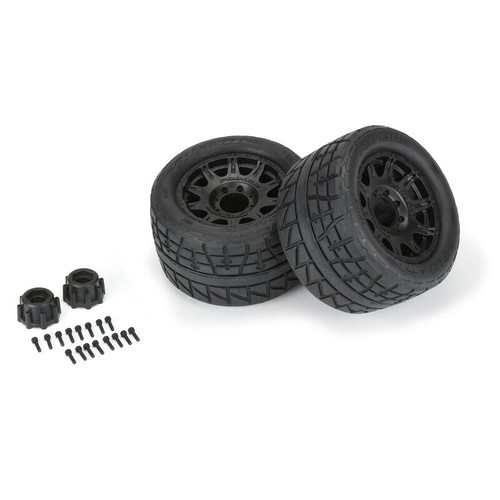 1/8 Menace HP BELTED Fr/Rr 3.8" MT Tires Mounted 17mm Black Raid (2)   PRO1020610