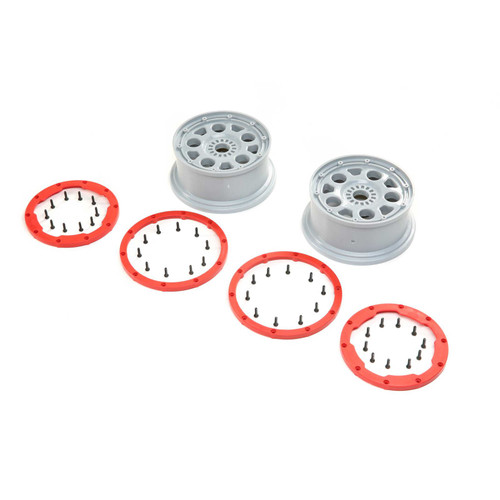 los45033 1/5 Front/Rear 4.75 Beadlock Wheels, 24mm Hex, Silver/Red (2): DBXL-E 2.0