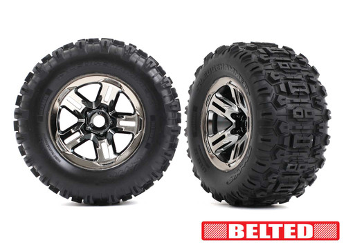 Traxxas 3.8" Blk Chrome Wheels & Belted Sledgehammer Tires (2) 9573a