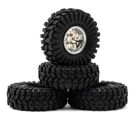 Injora 1.0" Deep Dish Aluminum Micro Crawler Beadlock Wheels w/Swamp Claw Tires (S5) (Gold/Chrome) (4) (37g ea) (62mm OD) YQW-MW1014SR-1014