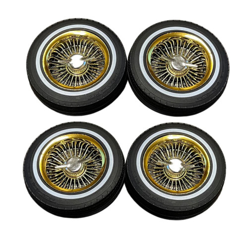 RER14434  Whitewall Low Pro Tires and Wheels w/ Knock offs & Wheel Nuts (Gold)(Not Glued) (1Set) bs286-002