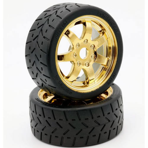 Powerhobby 1/8 Gripper 42/100 Belted Mounted Tires 17mm Gold Wheels   phbPHT5101Gold